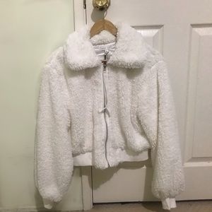 White Cropped Teddy Jacket